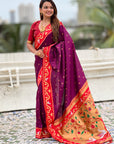 Wine Rajhans Paithani Silk Contrast Zari Woven Saree