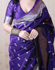 Violet Banarasi Silver Zari Woven Soft Silk Saree