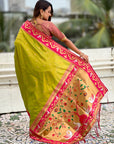 Mehendi Green Rajhans Paithani Silk Contrast Zari Woven Saree