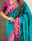 Dark Blue Rajhans Paithani Silk Contrast Zari Woven Saree