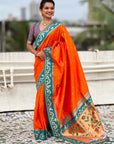 Orange Rajhans Paithani Silk Contrast Zari Woven Saree