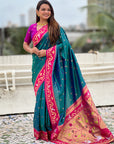 Peacock Blue Rajhans Paithani Silk Contrast Zari Woven Saree