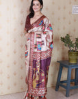 Maroon Tussar Silk Detailed Kalamkari Figure Printed Saree with Zari Woven Border