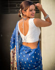 Royal Blue Katki Silk Kalamkari Printed Saree with Zari Woven Border