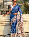 Royal Blue Katki Silk Kalamkari Printed Saree with Zari Woven Border