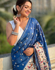 Royal Blue Katki Silk Kalamkari Printed Saree with Zari Woven Border