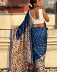 Royal Blue Katki Silk Kalamkari Printed Saree with Zari Woven Border