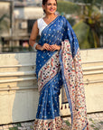 Royal Blue Katki Silk Kalamkari Printed Saree with Zari Woven Border