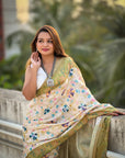 Mehendi Green Tussar Silk Floral Kalamkari Printed Saree with Zari Woven Border