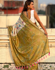 Mehendi Green Tussar Silk Floral Kalamkari Printed Saree with Zari Woven Border