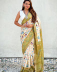 Mehendi Green Tussar Silk Floral Kalamkari Printed Saree with Zari Woven Border