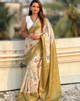 Mehendi Green Tussar Silk Floral Kalamkari Printed Saree with Zari Woven Border