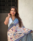 Blue Tussar Silk Floral Kalamkari Printed Saree with Zari Woven Border