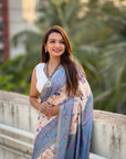 Blue Tussar Silk Floral Kalamkari Printed Saree with Zari Woven Border