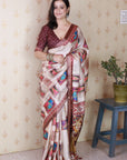 Maroon Tussar Silk Detailed Kalamkari Figure Printed Saree with Zari Woven Border