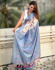 Blue Tussar Silk Floral Kalamkari Printed Saree with Zari Woven Border