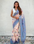 Blue Tussar Silk Floral Kalamkari Printed Saree with Zari Woven Border