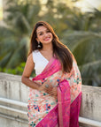 Pink Tussar Silk Floral Kalamkari Printed Saree with Zari Woven Border