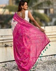 Pink Tussar Silk Floral Kalamkari Printed Saree with Zari Woven Border