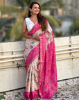 Pink Tussar Silk Floral Kalamkari Printed Saree with Zari Woven Border