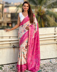 Pink Tussar Silk Floral Kalamkari Printed Saree with Zari Woven Border