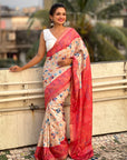 Coral Red Tussar Silk Floral Kalamkari Printed Saree with Zari Woven Border