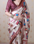 Maroon Tussar Silk Detailed Kalamkari Figure Printed Saree with Zari Woven Border