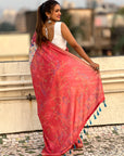 Coral Red Tussar Silk Floral Kalamkari Printed Saree with Zari Woven Border