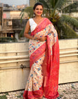 Coral Red Tussar Silk Floral Kalamkari Printed Saree with Zari Woven Border