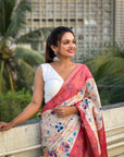 Coral Red Tussar Silk Floral Kalamkari Printed Saree with Zari Woven Border