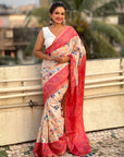 Coral Red Tussar Silk Floral Kalamkari Printed Saree with Zari Woven Border