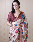 Maroon Tussar Silk Detailed Kalamkari Figure Printed Saree with Zari Woven Border
