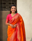 Orange Maharashtrian Paithani Silk Zari Woven Nath Contrast Saree