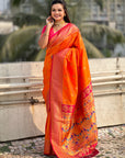Orange Maharashtrian Paithani Silk Zari Woven Nath Contrast Saree
