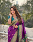 Purple Maharashtrian Paithani Silk Zari Woven Nath Contrast Saree