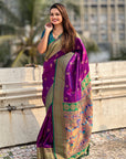 Purple Maharashtrian Paithani Silk Zari Woven Nath Contrast Saree
