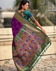 Purple Maharashtrian Paithani Silk Zari Woven Nath Contrast Saree