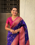 Violet Maharashtrian Paithani Silk Zari Woven Nath Contrast Saree
