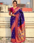 Violet Maharashtrian Paithani Silk Zari Woven Nath Contrast Saree