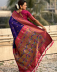 Violet Maharashtrian Paithani Silk Zari Woven Nath Contrast Saree