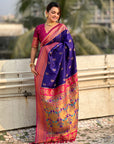 Violet Maharashtrian Paithani Silk Zari Woven Nath Contrast Saree