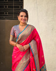 Pink Maharashtrian Paithani Silk Zari Woven Nath Contrast Saree