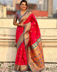 Pink Maharashtrian Paithani Silk Zari Woven Nath Contrast Saree
