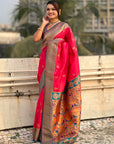 Pink Maharashtrian Paithani Silk Zari Woven Nath Contrast Saree