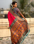 Pink Maharashtrian Paithani Silk Zari Woven Nath Contrast Saree