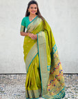 Mehendi Green Maharashtrian Paithani Silk Zari Woven Nath Contrast Saree