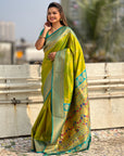 Mehendi Green Maharashtrian Paithani Silk Zari Woven Nath Contrast Saree