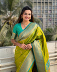 Mehendi Green Maharashtrian Paithani Silk Zari Woven Nath Contrast Saree