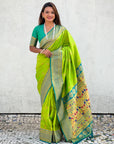Parrot Green Maharashtrian Paithani Silk Zari Woven Nath Contrast Saree