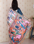Dark Blue Tussar Silk Detailed Kalamkari Figure Printed Saree with Zari Woven Border